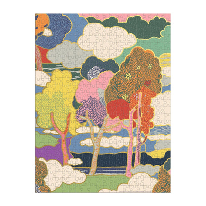 Patchwork with Busyfingers Liberty Prospect Road 500-piece puzzle featuring a colourful abstract landscape with trees and clouds.