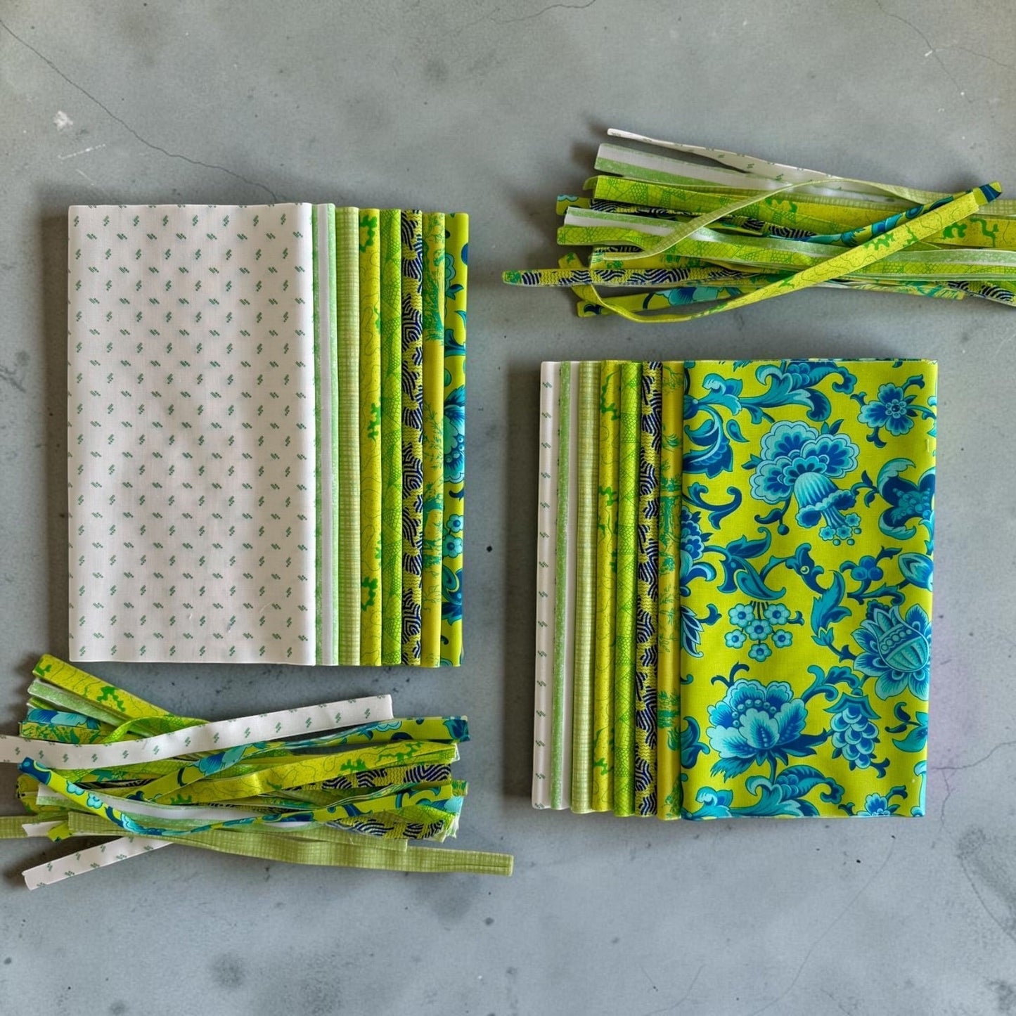 Patchwork with Busyfingers Lime Sorbet fat eighth cotton fabric pack featuring 8 assorted green and blue floral prints