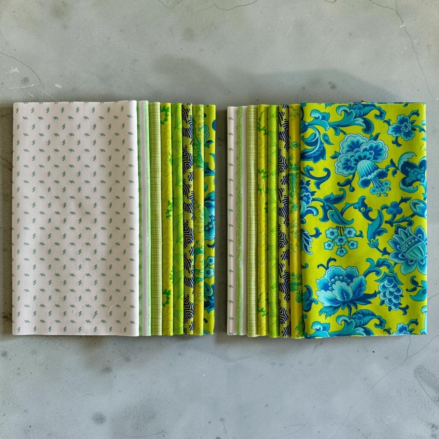 Patchwork with Busyfingers Lime Sorbet fat eighth cotton fabric pack featuring 8 assorted green and blue floral prints