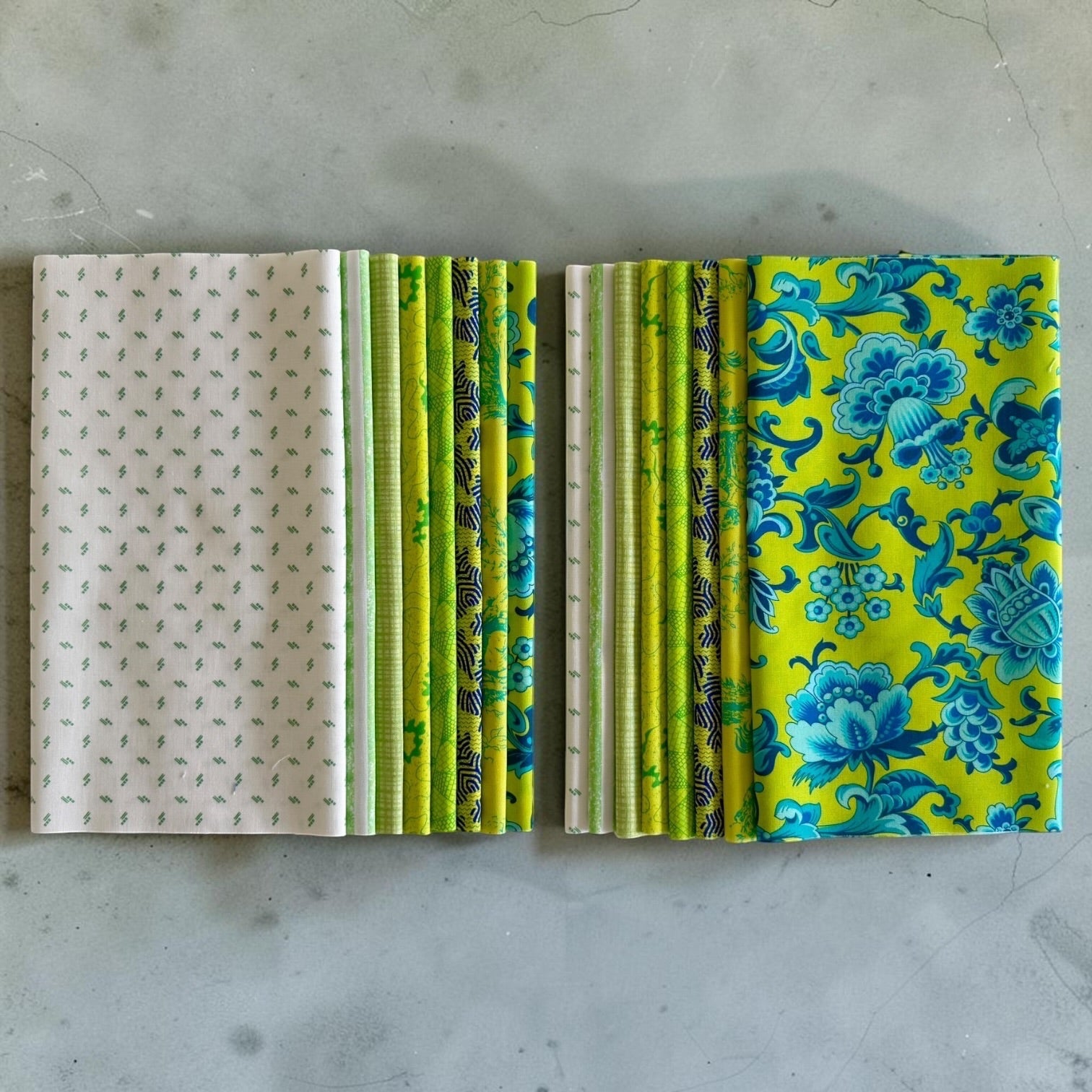 Patchwork with Busyfingers Lime Sorbet fat eighth cotton fabric pack featuring 8 assorted green and blue floral prints