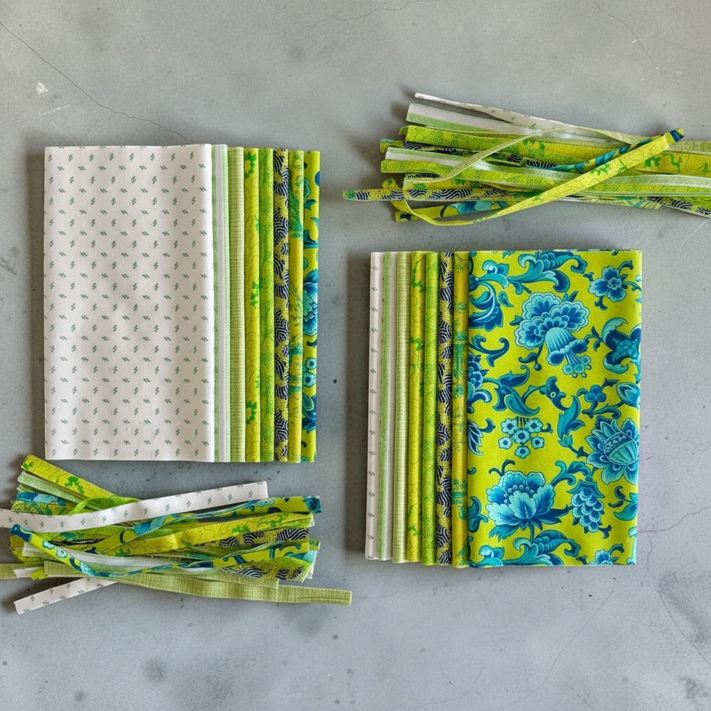 Patchwork with Busyfingers Lime Sorbet 8-piece cotton fabric fat eighth pack with assorted green and blue floral prints.