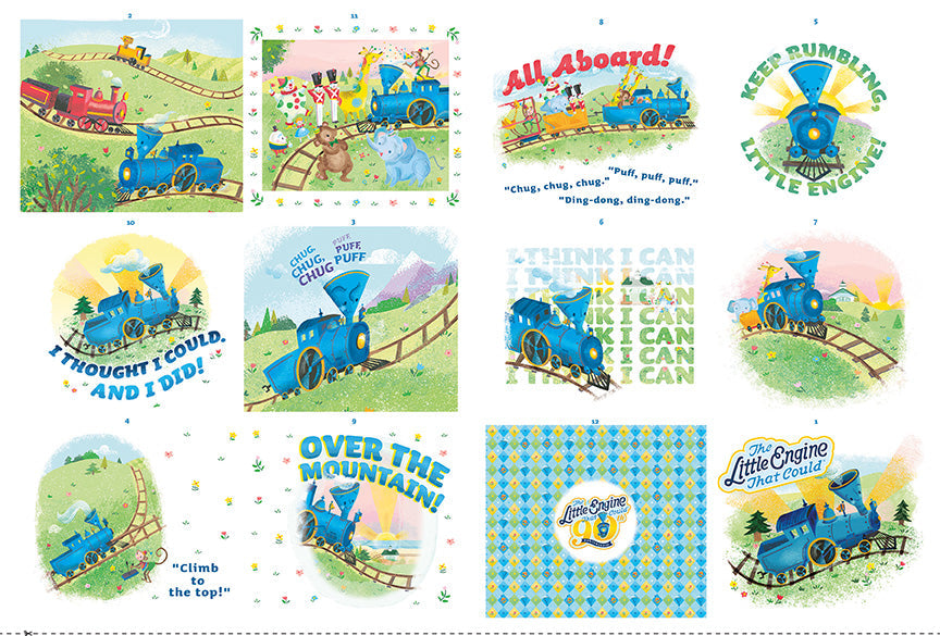 Patchwork with Busyfingers The Little Engine That Could fabric panel featuring colorful train illustrations and text.