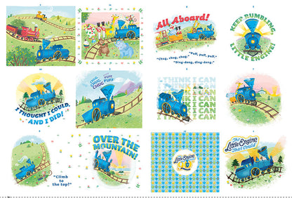 Patchwork with Busyfingers The Little Engine That Could fabric panel featuring colorful train illustrations and text.