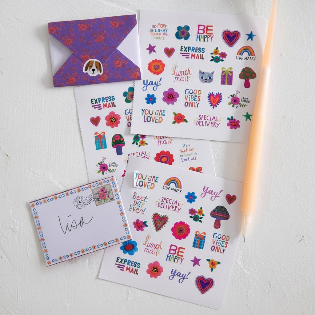 Patchwork with Busyfingers Little Envelope Letters stationery set with colorful stickers and a folded purple envelope with a dog sticker.