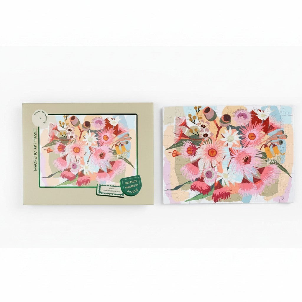 Patchwork with Busyfingers Magnetic Floral Art 100-piece puzzle featuring a vibrant abstract bouquet of pink and white gum blossoms and eucalyptus leaves.
