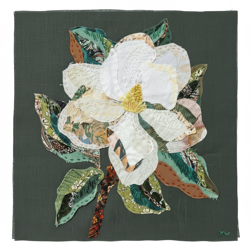Patchwork with Busyfingers Magnolia slow-stitching kit featuring a layered fabric flower with white petals and leaves