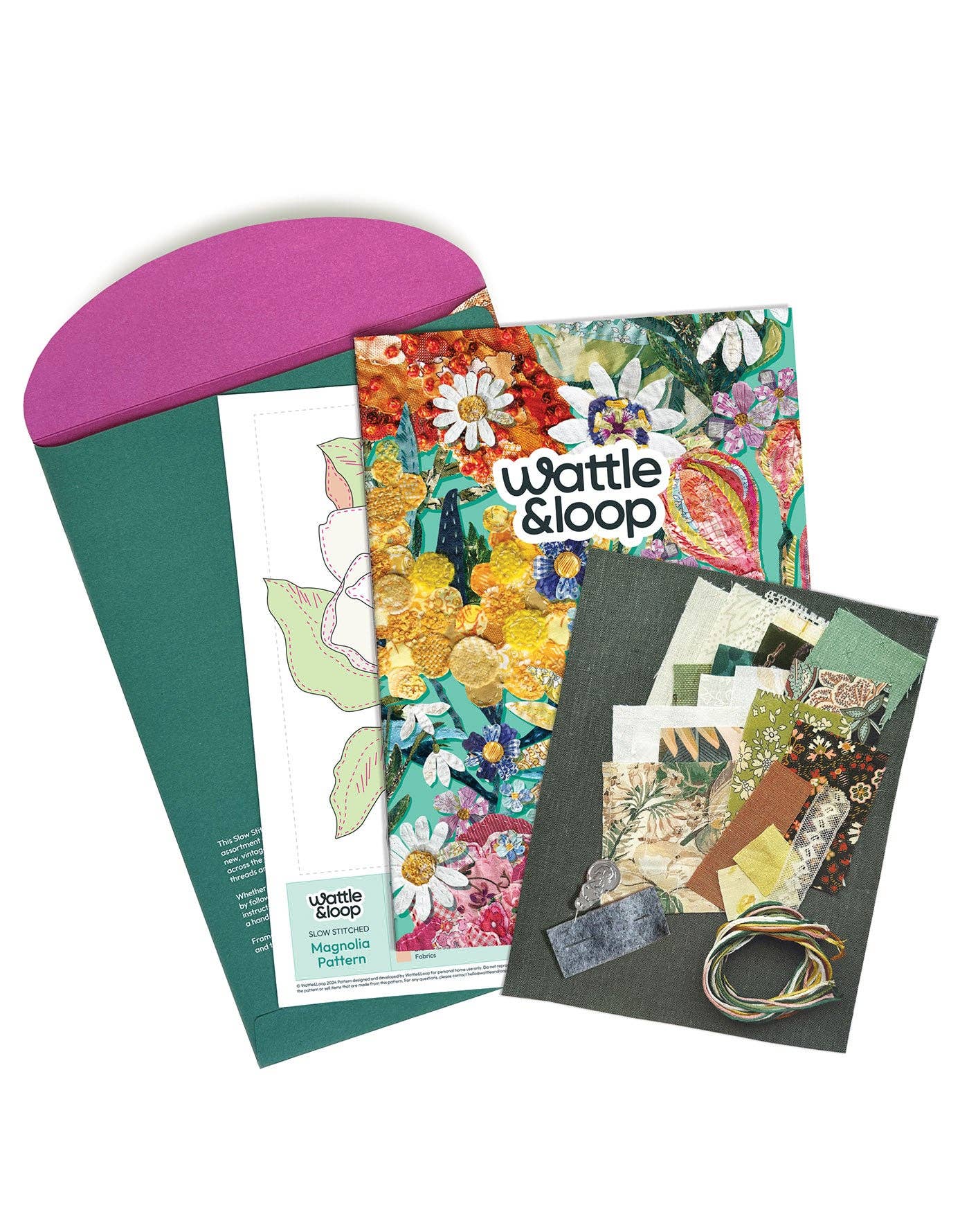 Patchwork with Busyfingers Magnolia Slow-Stitching Kit with pattern, instruction booklet, fabrics, and DMC threads.