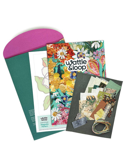 Patchwork with Busyfingers Magnolia Slow-Stitching Kit with pattern, instruction booklet, fabrics, and DMC threads.