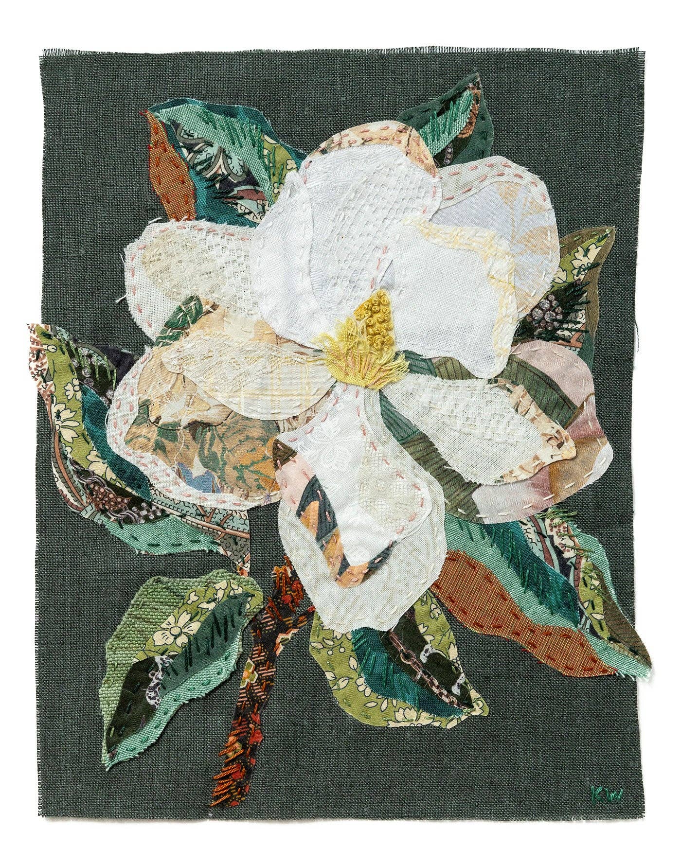Patchwork with Busyfingers Magnolia slow-stitching kit featuring a layered fabric flower with white petals and leaves