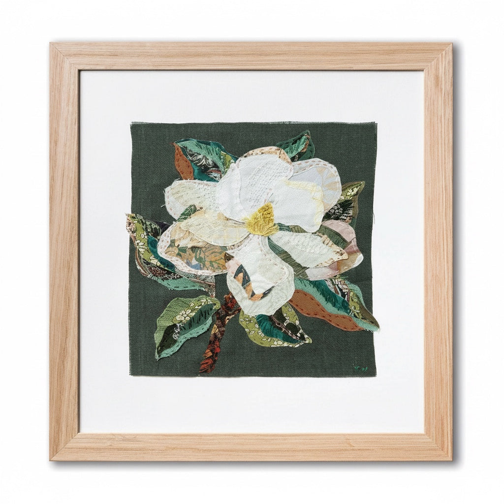 Patchwork with Busyfingers Magnolia slow-stitching kit featuring a fabric applique flower in a light wooden frame.