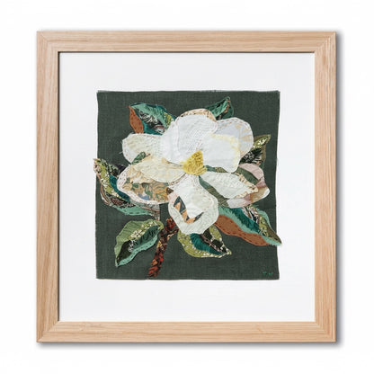 Patchwork with Busyfingers Magnolia slow-stitching kit featuring a fabric applique flower in a light wooden frame.