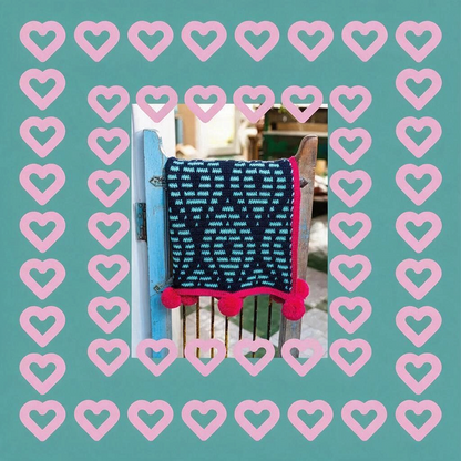 Patchwork with Busyfingers Maximalist Mosaic Crochet book cover featuring a graphic black and teal pom-pom project