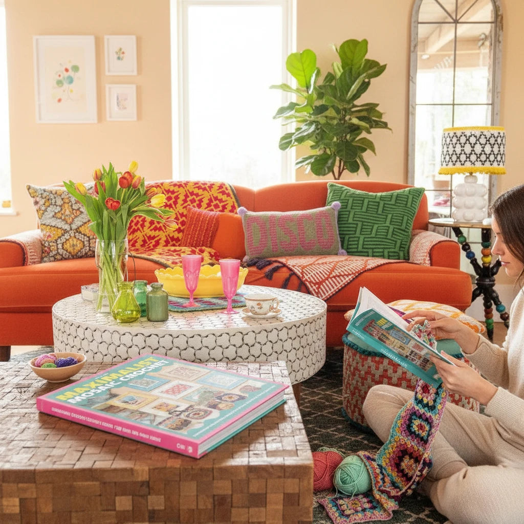 Patchwork with Busyfingers Maximalist Mosaic Crochet book on a wooden table in a colourful, maximalist living room.
