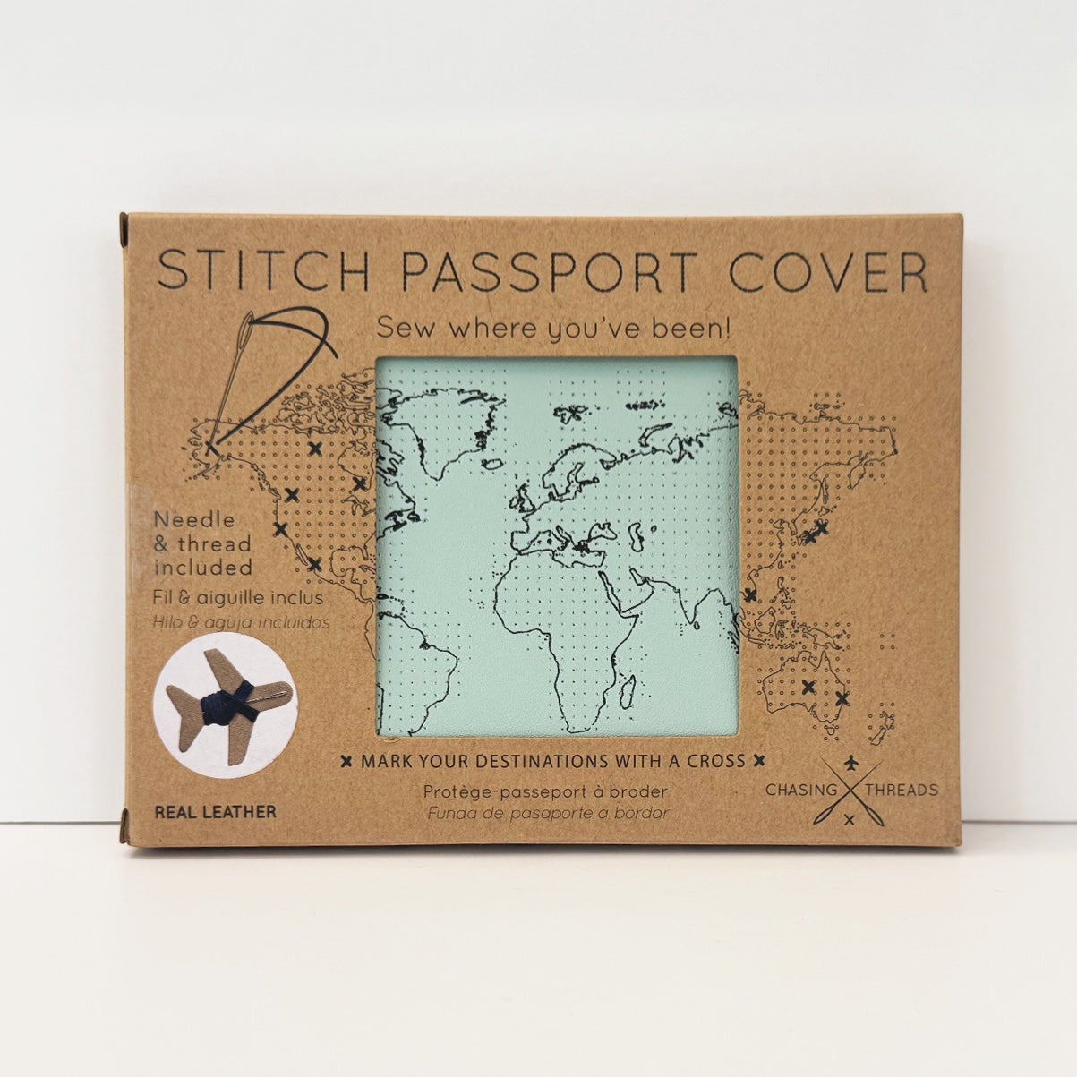 Patchwork with Busyfingers mint leather passport cover kit with debossed world map for embroidery. Includes needle and thread.