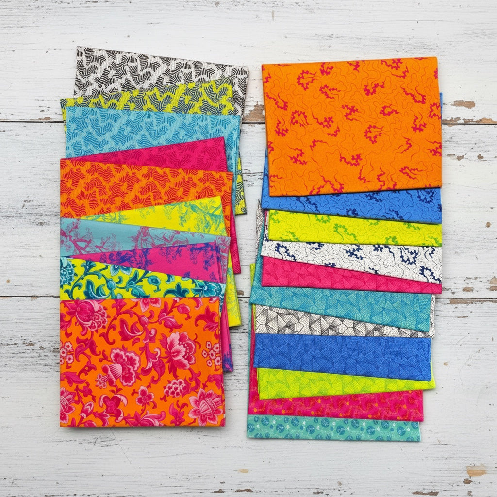 Patchwork with Busyfingers Miscellany 21pc cotton fabric bundle featuring vibrant floral and geometric patterns.