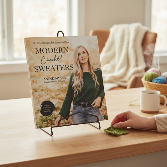 Patchwork with Busyfingers Modern Crochet Sweaters book cover featuring a woman in a green crochet sweater. Includes 20 patterns.