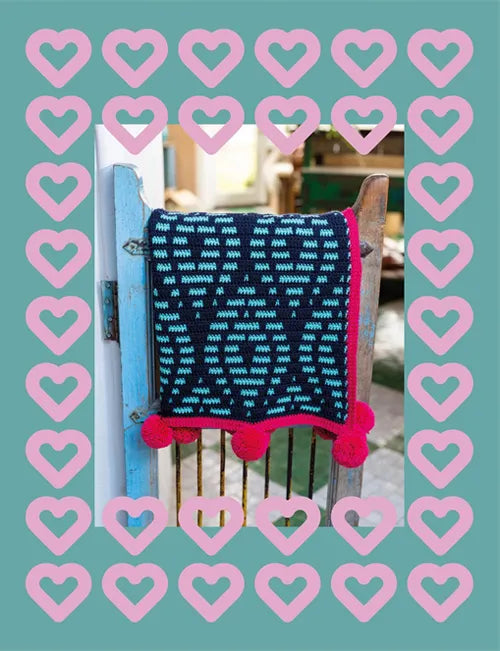 Patchwork with Busyfingers Maximalist Mosaic Crochet book cover featuring a dark blue and neon pink geometric blanket