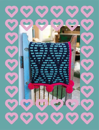Patchwork with Busyfingers Maximalist Mosaic Crochet book cover featuring a dark blue and neon pink geometric blanket