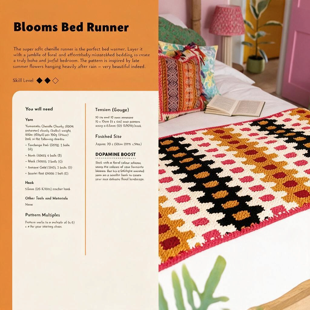 Patchwork with Busyfingers Maximalist Mosaic Crochet book page showing a colourful chenille yarn bed runner pattern