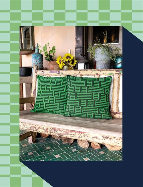 Patchwork with Busyfingers Maximalist Mosaic Crochet book featuring two green and black geometric crochet pillows
