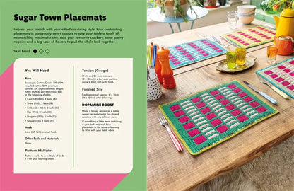 Patchwork with Busyfingers Maximalist Mosaic Crochet book page showing Sugar Town placemat patterns in bright colours