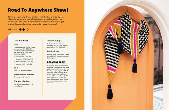 Patchwork with Busyfingers Road To Anywhere shawl pattern page featuring a colourful geometric mosaic crochet design