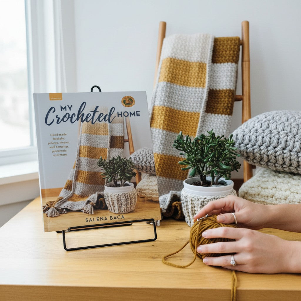 Patchwork with Busyfingers My Crocheted Home book cover featuring a striped throw, crocheted plant cozy, and pillows. Crochet patterns for home decor.