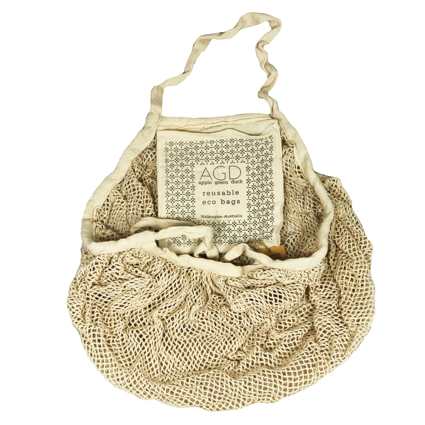 Patchwork with Busyfingers natural cotton net crescent bag with two long handles, comes with a pouch.