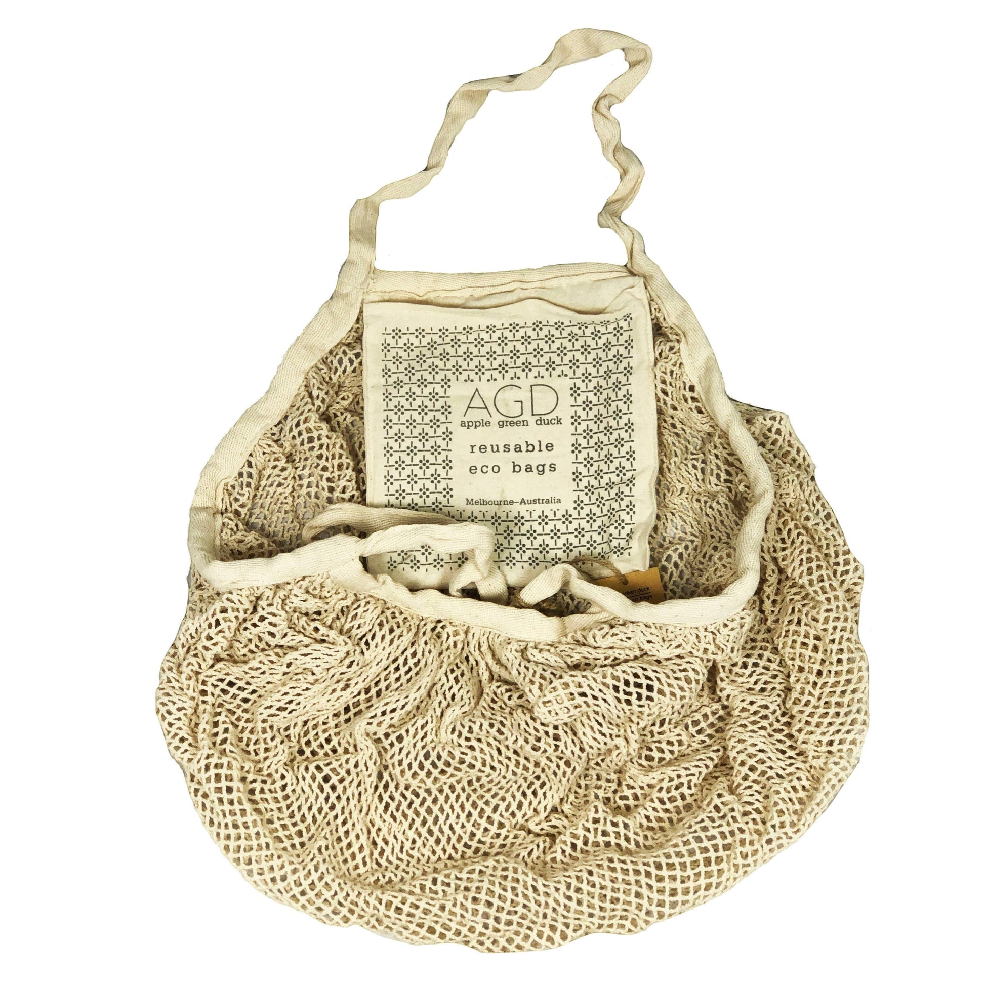 Patchwork with Busyfingers natural cotton net crescent bag with two long handles, comes with a pouch.