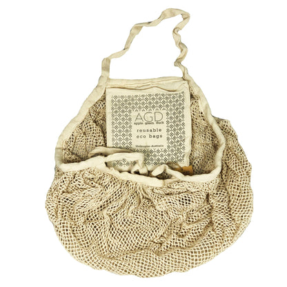 Patchwork with Busyfingers natural cotton net crescent bag with two long handles, comes with a pouch.