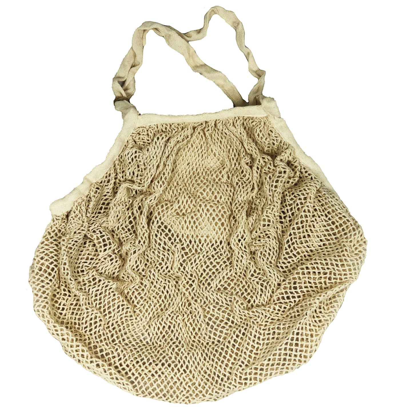 Patchwork with Busyfingers natural 100% cotton crescent net bag with long handles, folds into its own pouch.