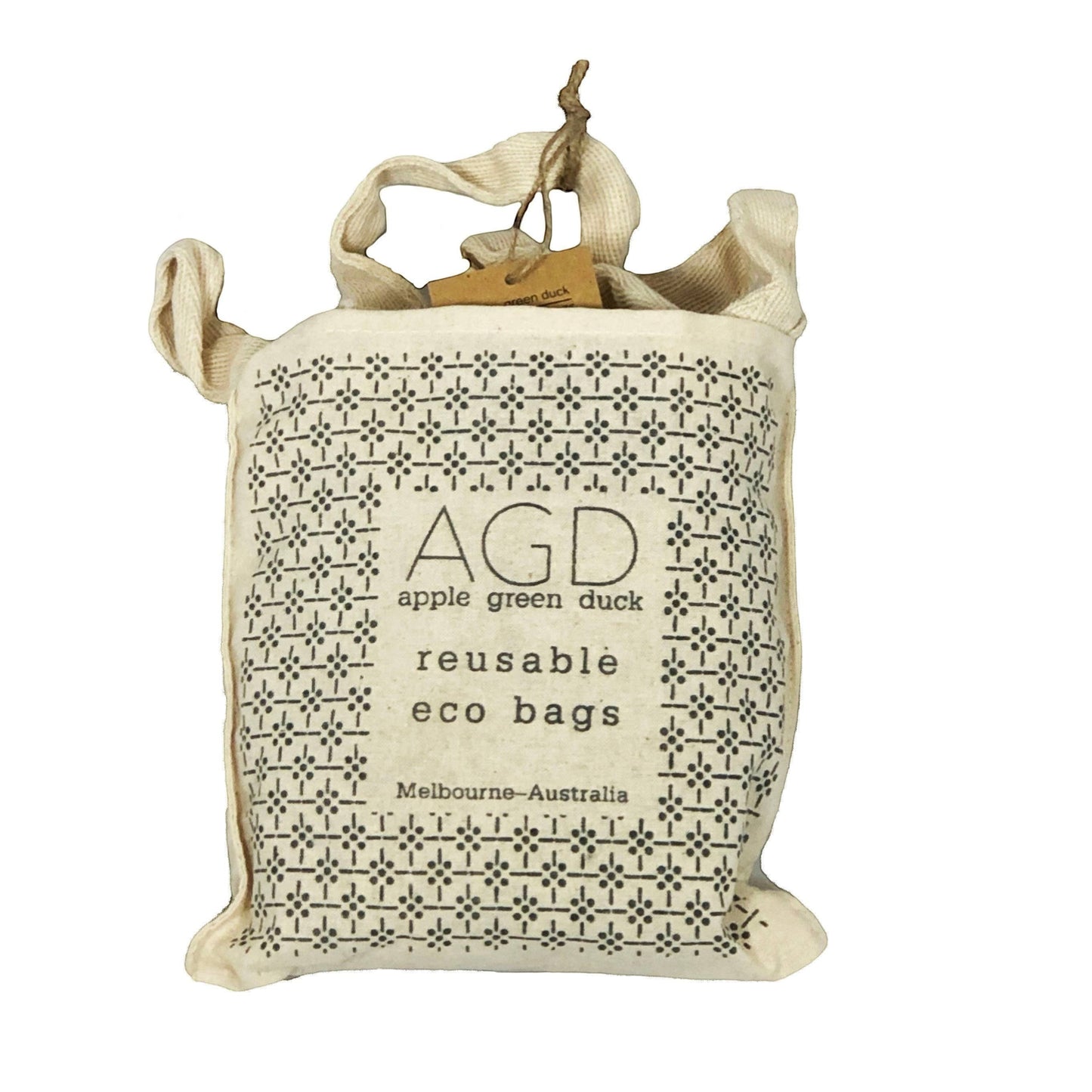 Patchwork with Busyfingers natural cotton net bag with black geometric print and two handles. Reusable eco bag.