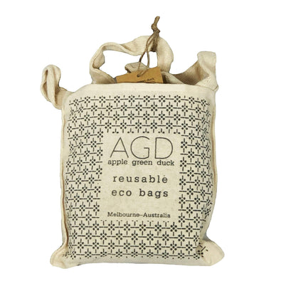 Patchwork with Busyfingers natural cotton net bag with black geometric print and two handles. Reusable eco bag.