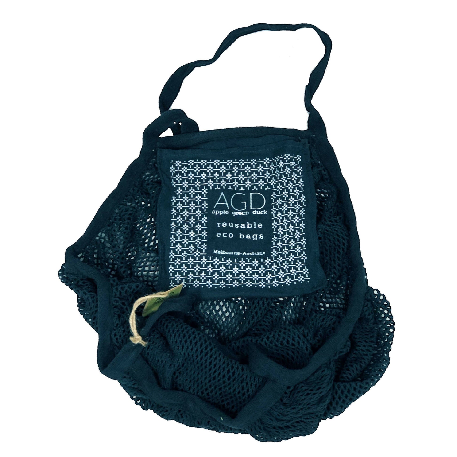 Patchwork with Busyfingers midnight blue 100% cotton net crescent bag with long handles and pouch.