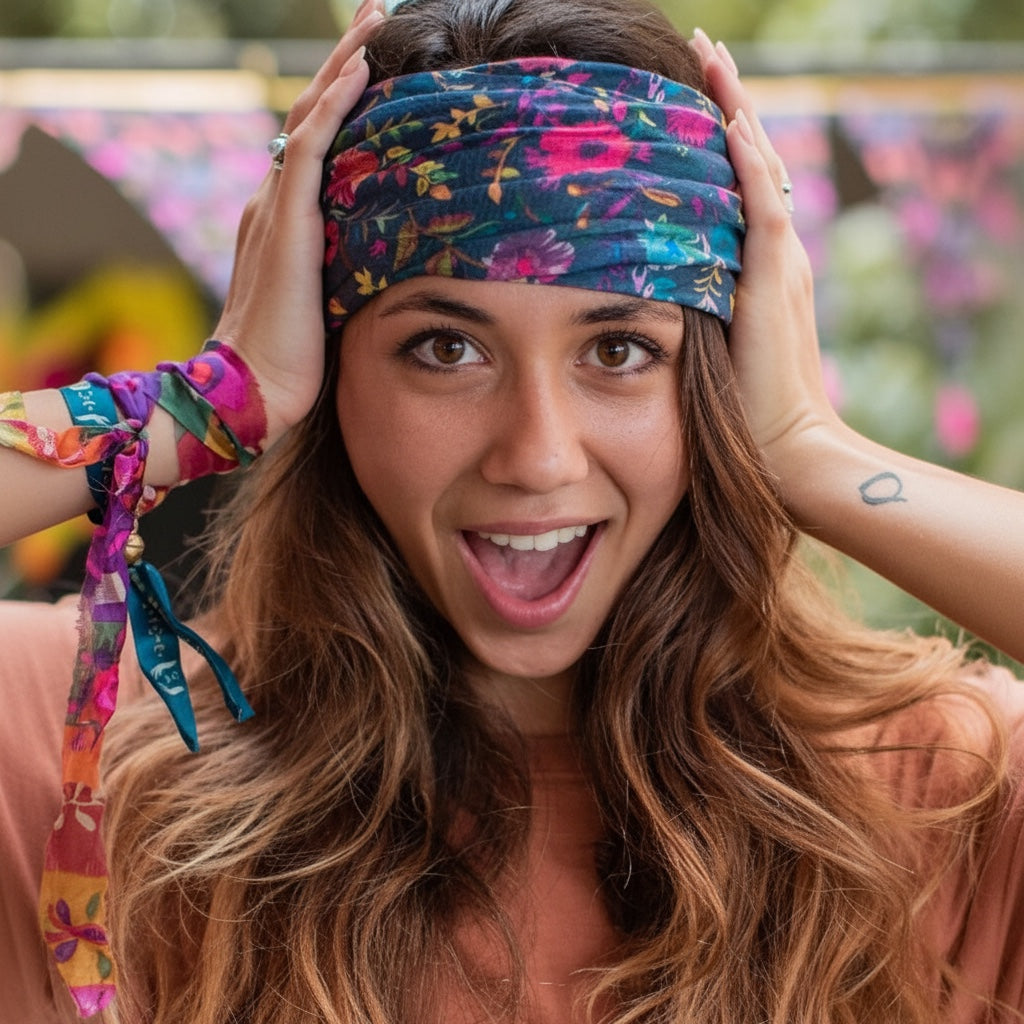 Patchwork with Busyfingers navy wildflower print boho bandeau worn as a headband, with matching wristband.