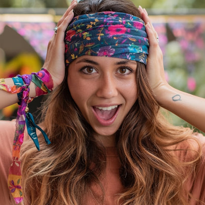 Patchwork with Busyfingers navy wildflower print boho bandeau worn as a headband, with matching wristband.