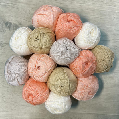 Patchwork with Busyfingers Petal & Peach Yarn Set: 15 skeins of 100% anti-pilling acrylic yarn in cream, blossom, salmon, sand, and natural.