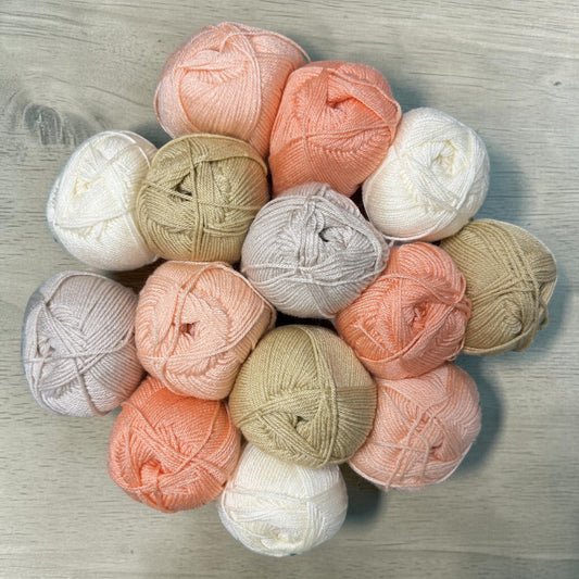 Patchwork with Busyfingers Petal & Peach Yarn Set: 15 skeins of 100% anti-pilling acrylic yarn in cream, blossom, salmon, sand, and natural.