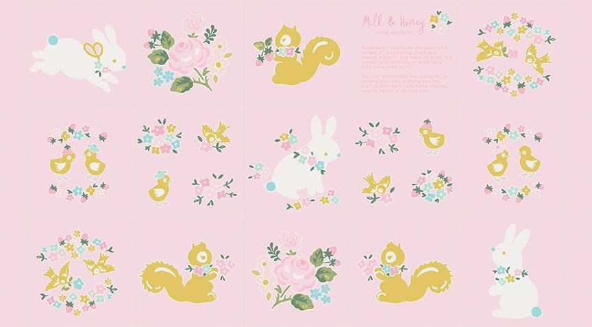 Patchwork with Busyfingers Milk & Honey pink fabric panel featuring cute bunnies, squirrels, birds, and floral motifs