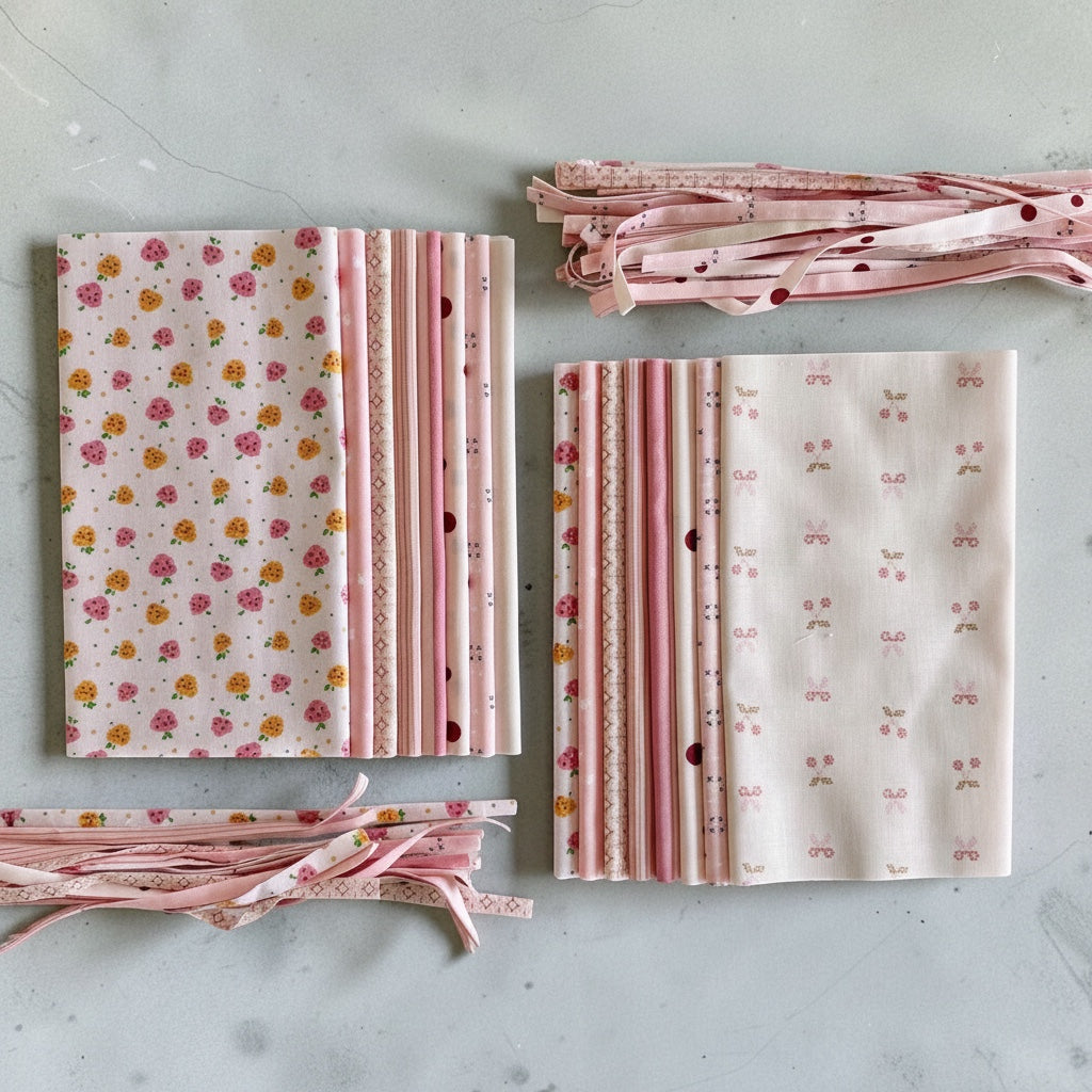 Patchwork with Busyfingers 8-piece cotton fat eighth fabric pack featuring assorted pink floral and patterned prints.