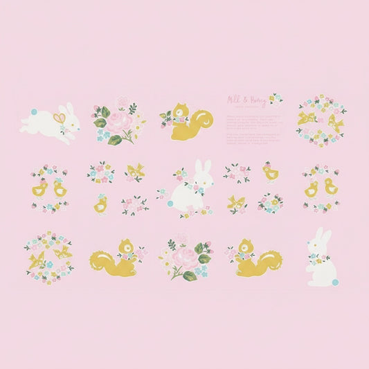 Patchwork with Busyfingers Milk & Honey pink fabric panel featuring cute bunnies, squirrels, birds, and floral wreaths.