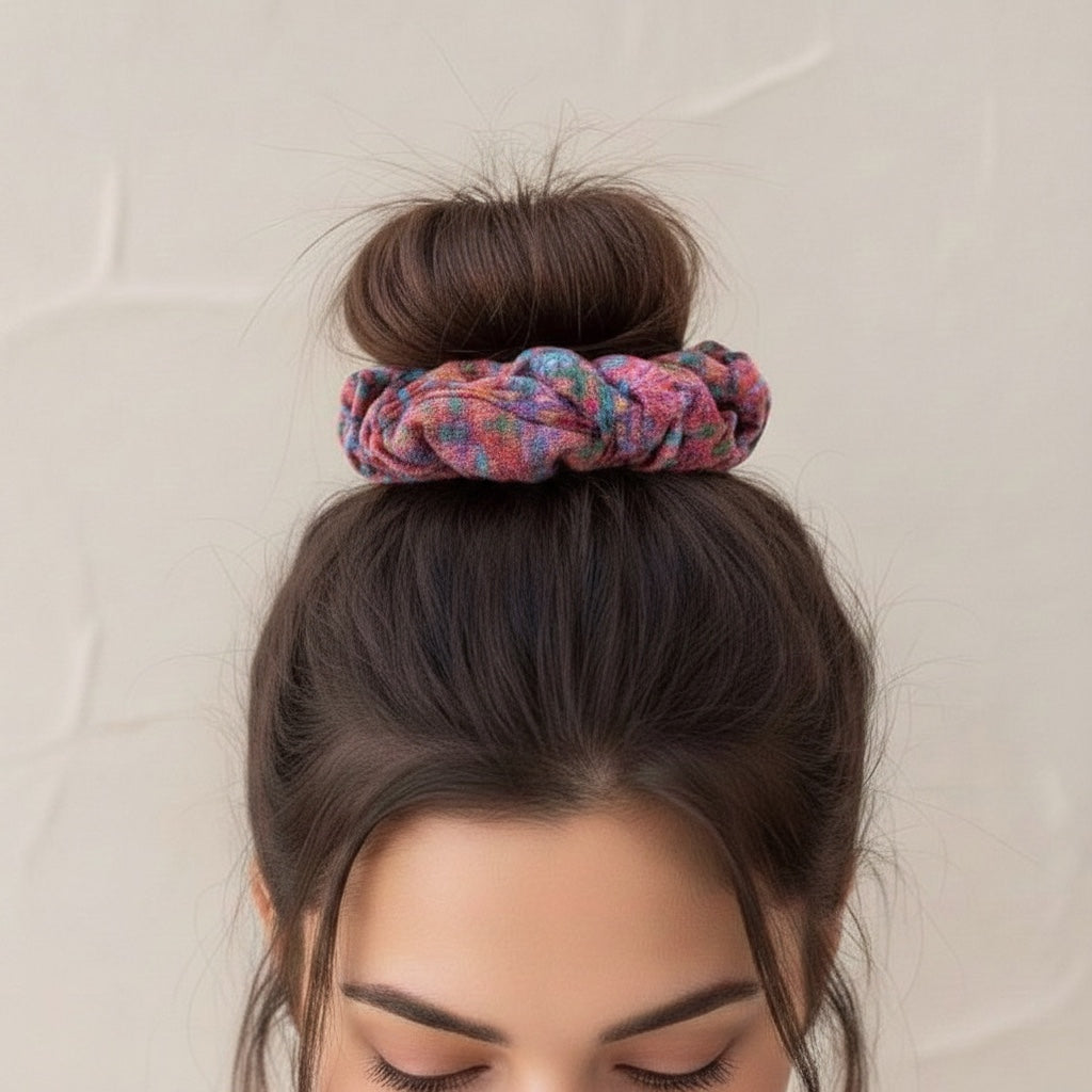 Patchwork with Busyfingers pink floral velvet scrunchie with hidden zipper compartment holding earbuds.