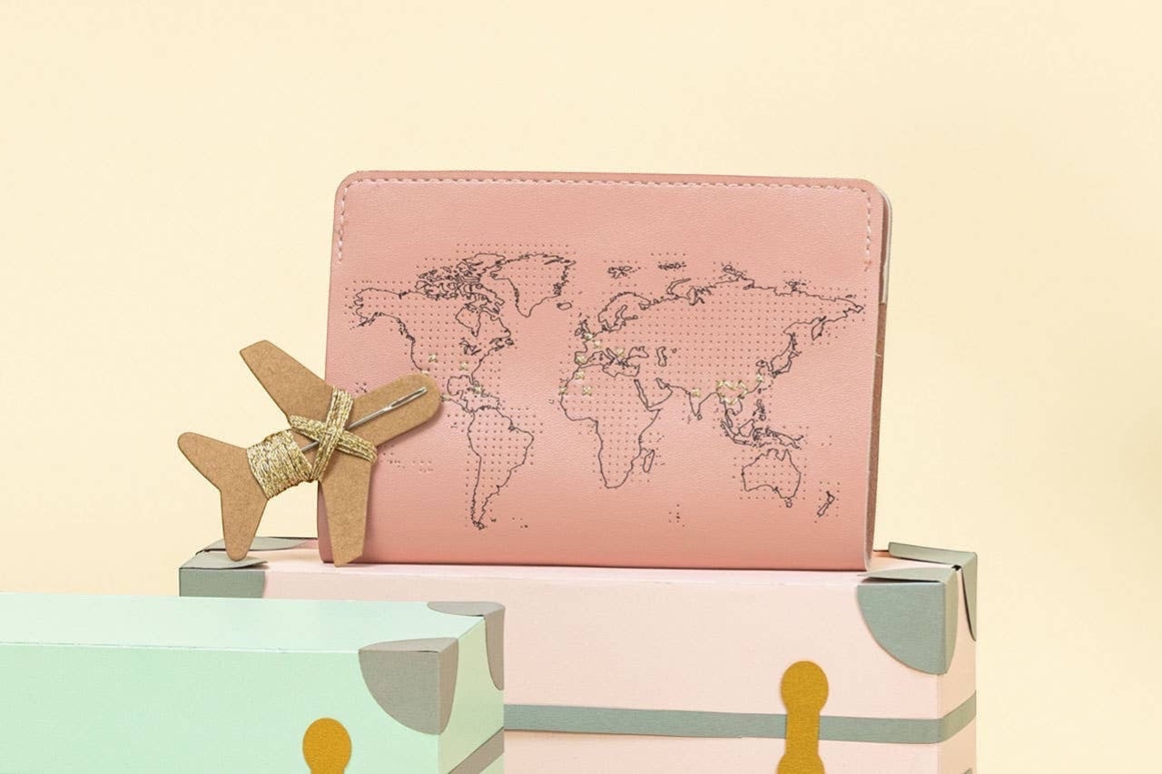 Patchwork with Busyfingers dusty pink leather passport cover with world map design and stitching kit.