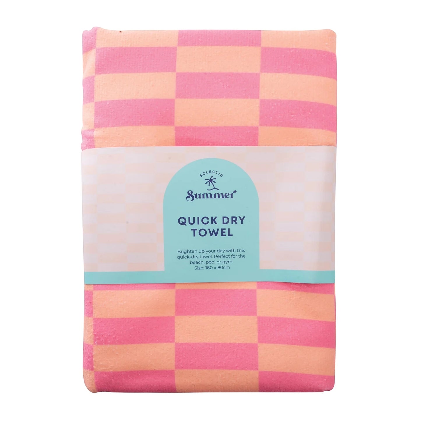 Patchwork with Busyfingers pink and orange checkered quick dry microfiber beach towel with teal tassels.