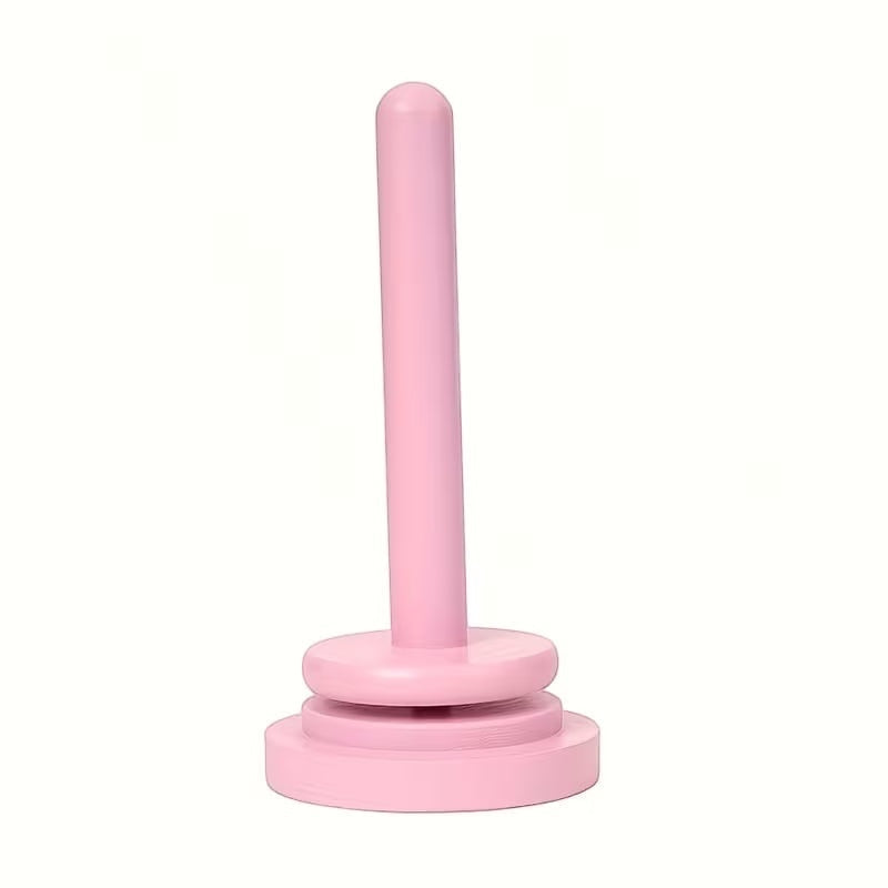 Patchwork with Busyfingers pink wooden rotating yarn butler for smooth yarn dispensing while knitting or crocheting.