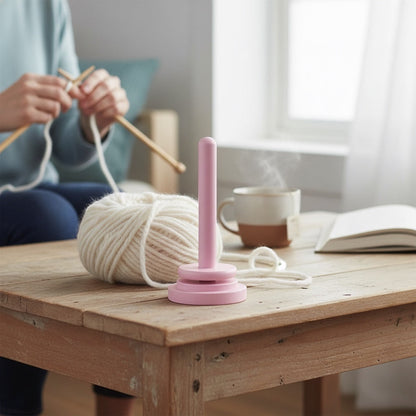 Patchwork with Busyfingers pink rotating yarn butler on a wooden table with a person knitting in the background.