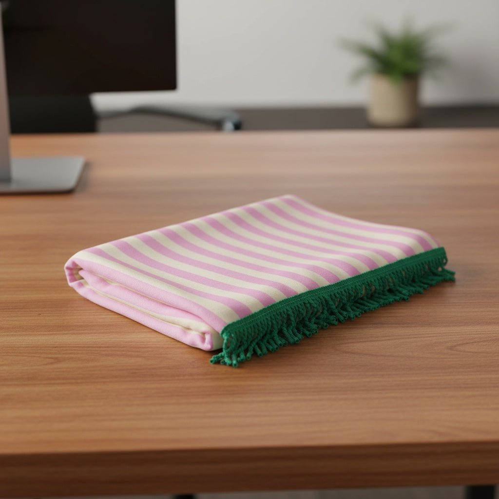 Patchwork with Busyfingers pink and cream striped quick dry polyester microfibre beach towel with green tassels