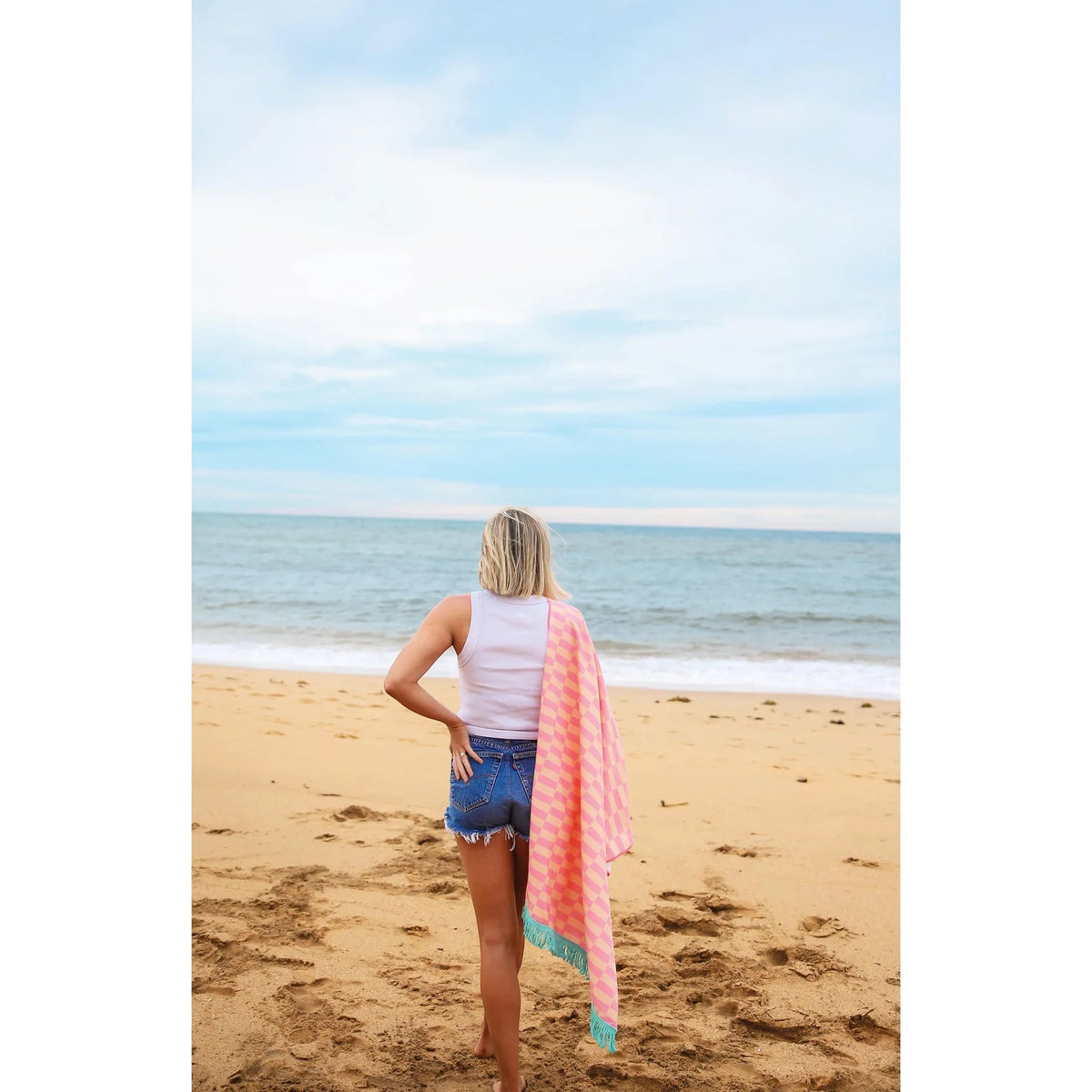 Patchwork with Busyfingers pink and teal checkered quick dry microfiber beach towel with tassels