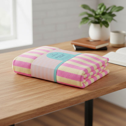 Patchwork with Busyfingers Eclectic Summer quick dry towel with pink and yellow stripes, polyester microfibre, 80cm x 160cm.