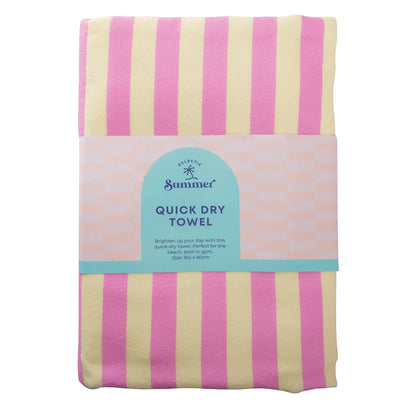 Patchwork with Busyfingers Eclectic Summer quick dry towel with pink and yellow stripes, polyester microfibre, 80cm x 160cm.